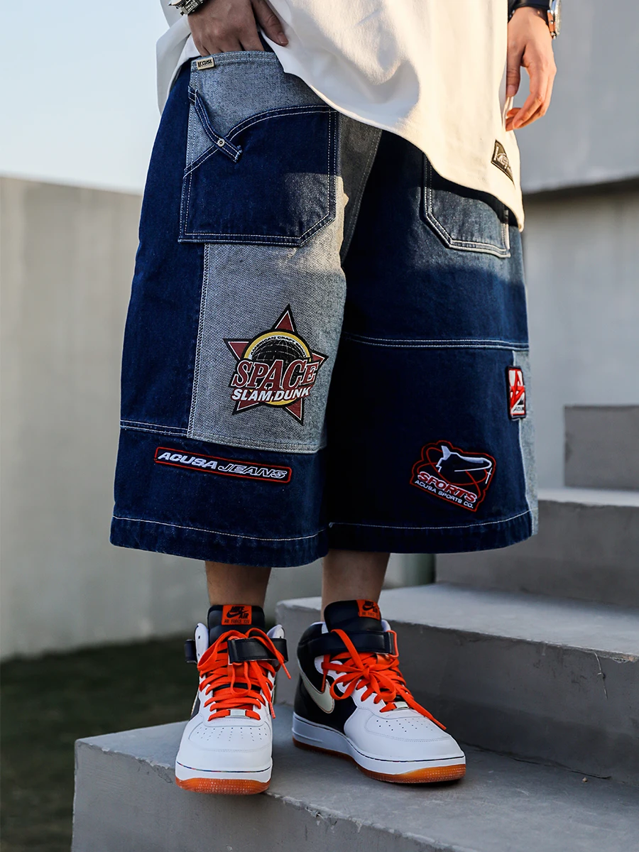 ACUSA Space  Denim Patchwork Stitched Shorts 3D Embroidery Complex Process over Knee Heavyweight Casual Youth Jeans