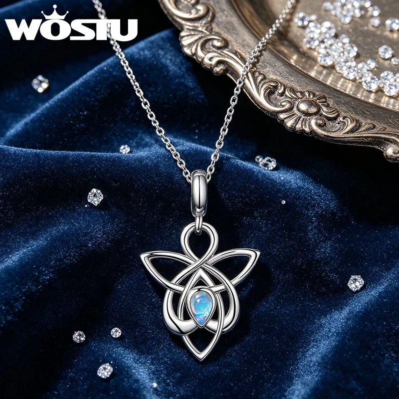 WOSTU Angel Knot Necklace For Women, Platinum Plated Rainbow Moonstone Chain Necklaces Wedding Party Jewelry Accessories