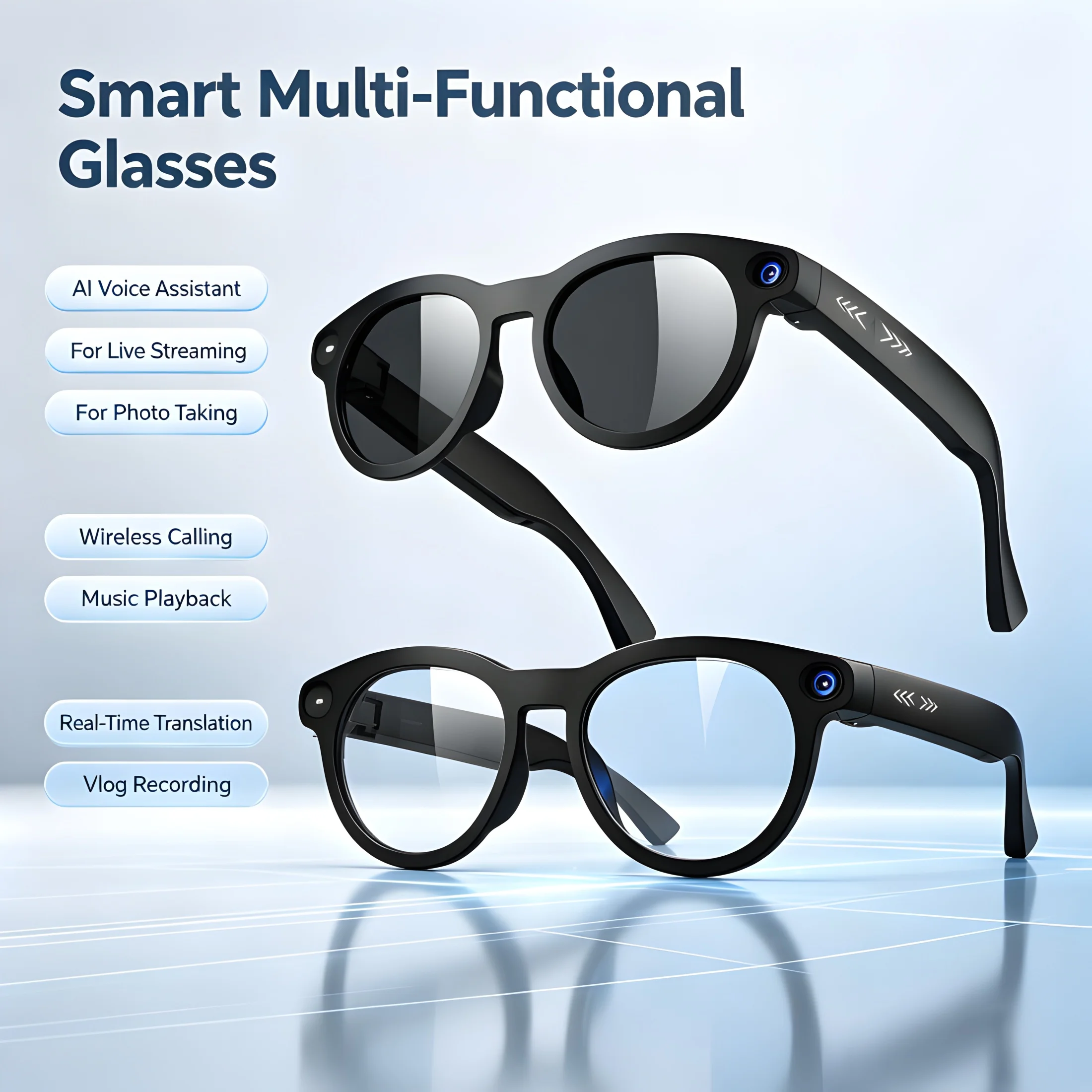 AI Smart Camera Glasses with Bluetooth 5.3 Voice Assistant 1080P Video  Real-Time Translation And Live Streaming Functionality
