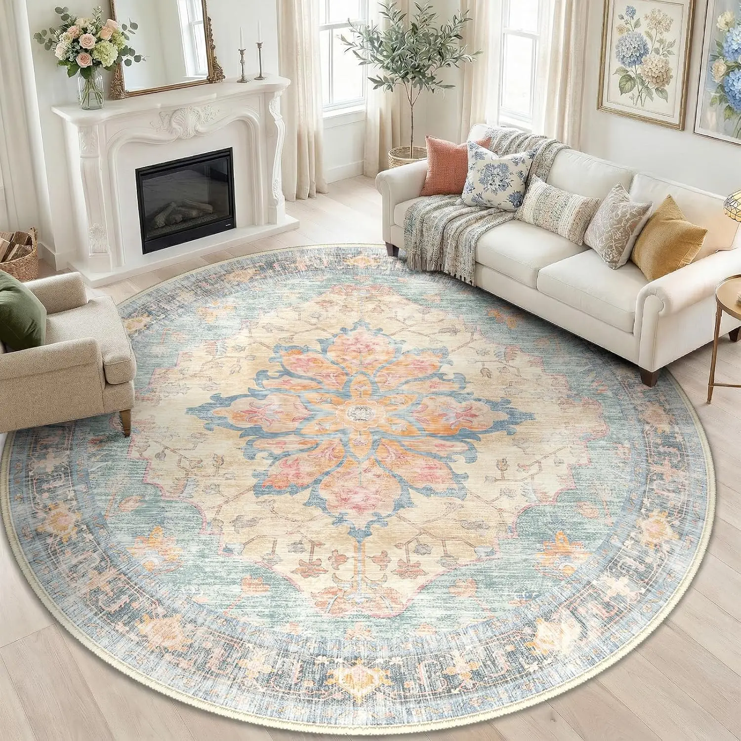 Boho Round Medallion Area Rug for Living Room Boho Coastal Blue Distressed Washable Decorative Polyester Carpet Mat