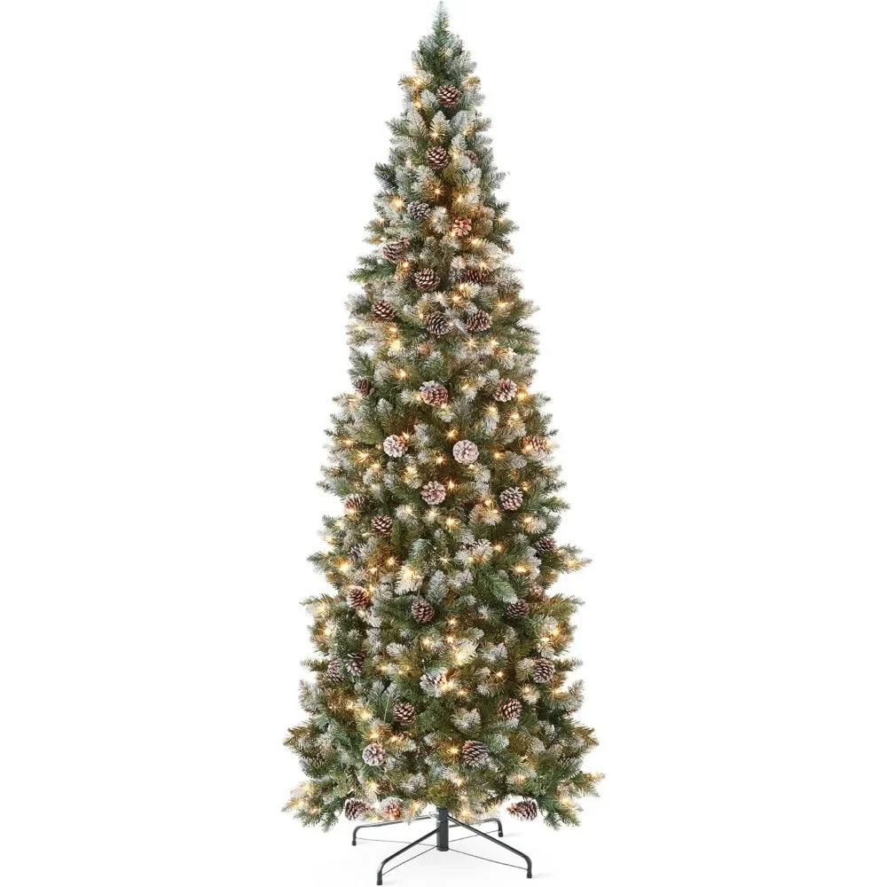 Christmas Tree 7.5ft Pre-lit Pencil Partially Flocked & Frosted Slim Holiday Tree Decoration Foldable Stand Christmas Trees