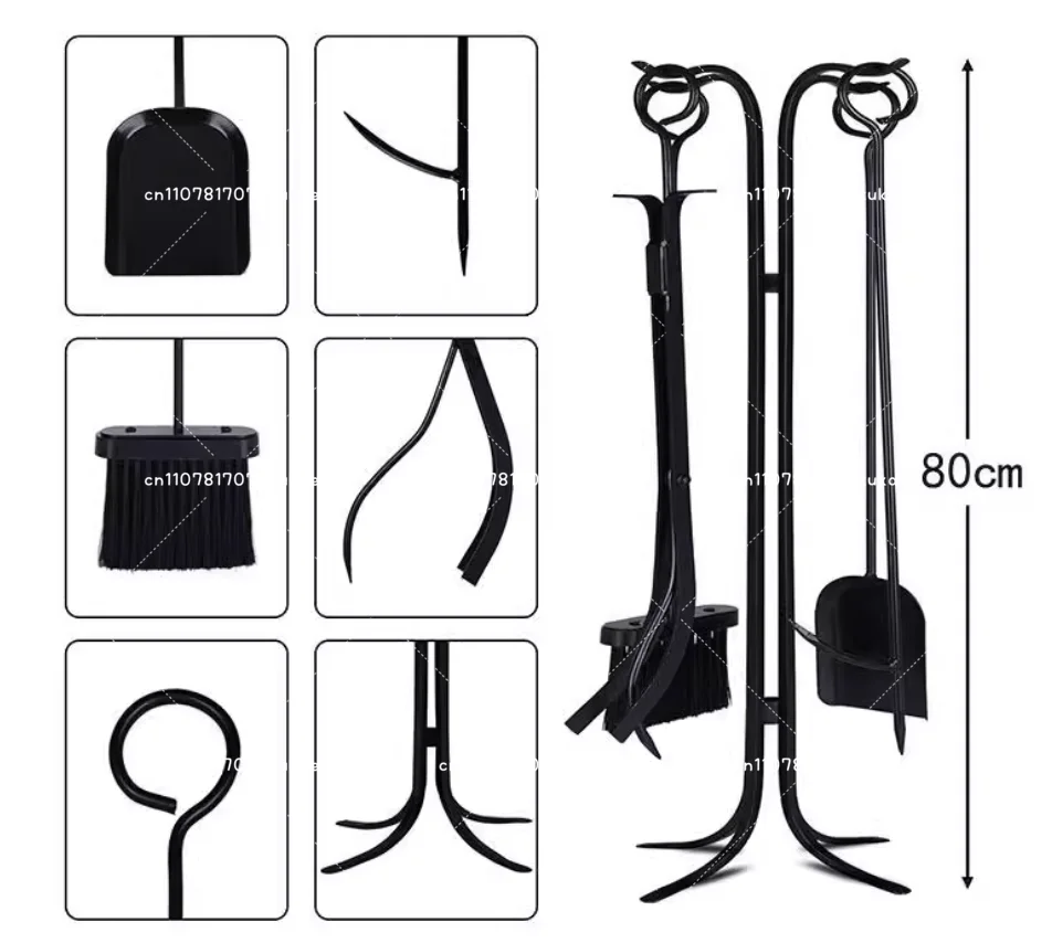 Zestaw narzędzi do czyszczenia kominka: szufelka, miotła, szufelka do kurzu, szczypce, narzędzia dedykowane do kominka, wysoka jakość, ciężkie żelazo, 5 sztuk.