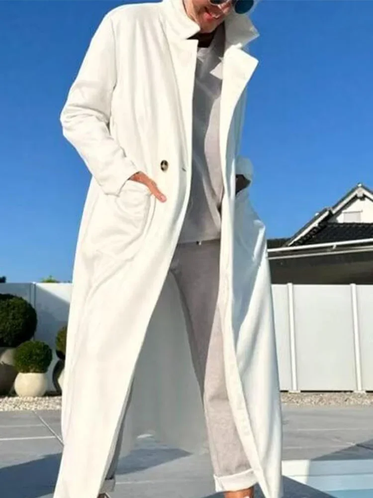 

Женские элегантные длинные куртки с воротником с лацканами и пуговицами, повседневные уличные однотонные пальто с длинными рукавами, осенне-зимнее модное замшевое пальто