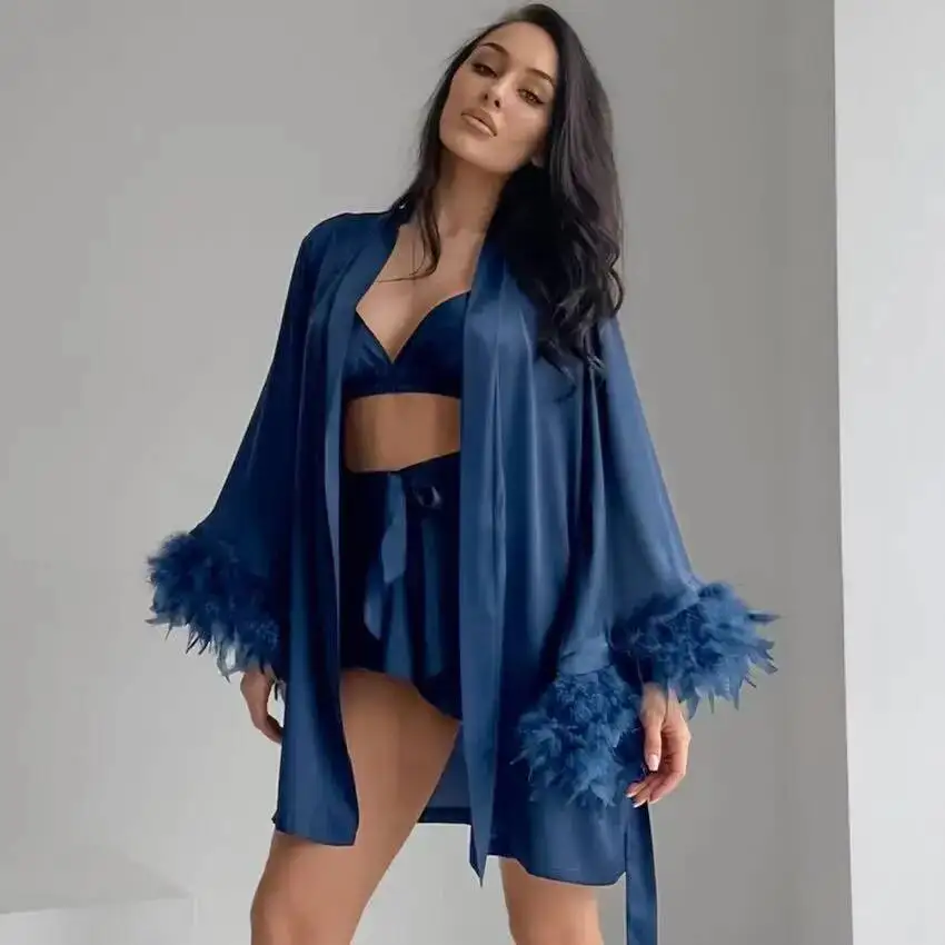 Navy Feather Robe 3 Pcs Set - Navy Bridesmaid Robes White Nightdress with Detachable Feather Sleeves - Bridesmaid gift