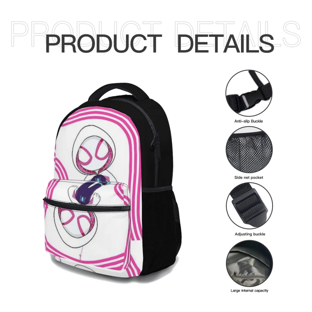 Lindo spiider-ghos.t-gwen grl pwr camiseta de fantasma de dibujos animados para niños nueva moda niños mochila universitaria impermeable de alta capacidad 17 pulgadas