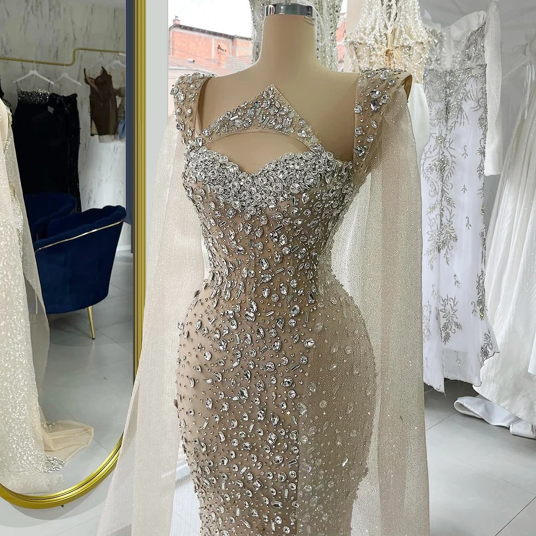 

Luxury crystal evening gown champagne shoulder trailing tulle mermaid dress hollow neckline sexy see-through evening dress