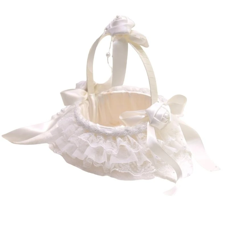 G92C Wedding Flower Girl Baskets with Flower Handle Lace Ruffle Bowknot Flower Basket