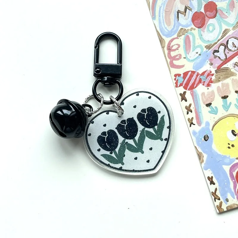 Cartoon Creative Black White Tulip Keychain Elegant Flower ins Car Keychains Bag Headphone Cover Hanging Decoration Key Chains