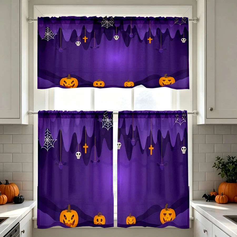 Halloween Fall Kitchen Curtains, Pumpkin Skull Cross, Digital Print, Kitchen Dining Room, Rod Pocket Polyester, Home Decor