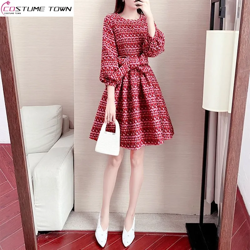 2023 Autumn New Fashion Red Popular Skirt High End Design Temperament Celebrity Lantern Sleeve Dress Women