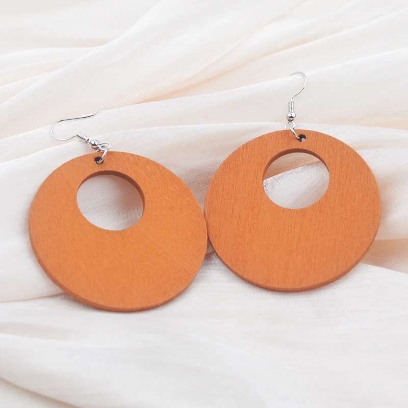 Hollow Round Wooden Dangle Earrings for Women Trendy Ethnic Style Geometric Personality Drop Earrings Party Vintage Jewelry Gift