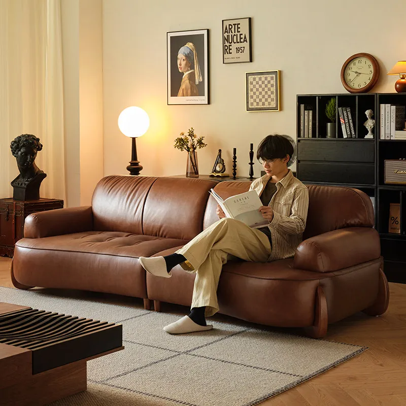 Medieval Simple New Special-shaped Sofa Household Living Room Small Apartment Retro Brown Microfiber Oil Wax Leather Art Sofa