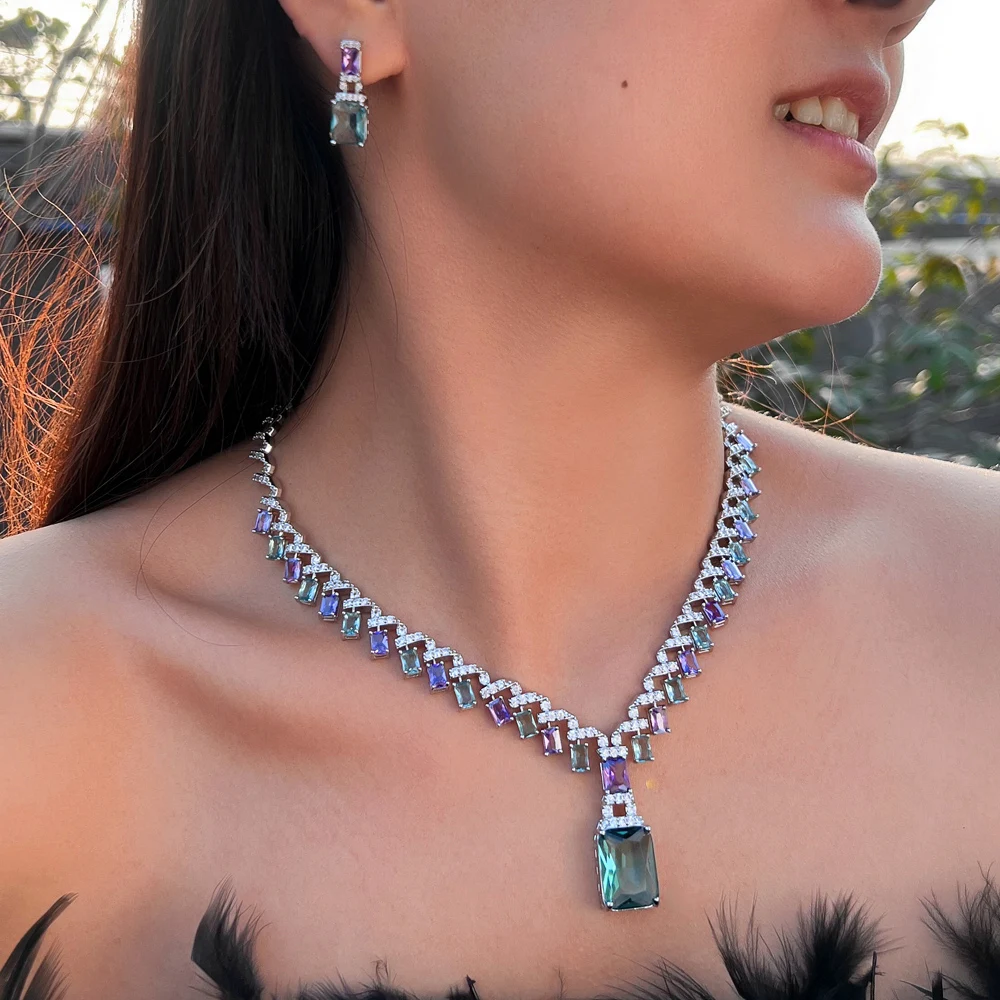 CWWZircons Beautiful Purple Blue Cubic Zircon Crystal Dangle Drop Bridal Wedding Necklace Party Jewelry Sets for Women T605