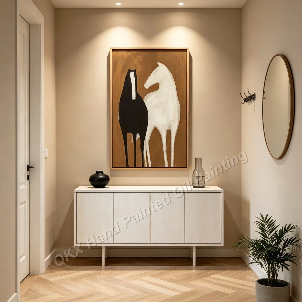 Hand Painted Abstract Oil Painting Original Black White Two Horses Minimalist Equine Home Living Room Decor Bedroom Wall Art