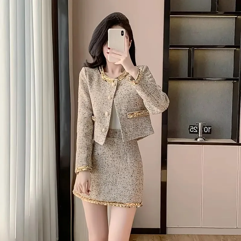 High Quality French Vintage Small Fragrance Tweed 2 Piece Sets Women Outfits Fashion Jacket Coat + Short Skirt Two Piece Suits