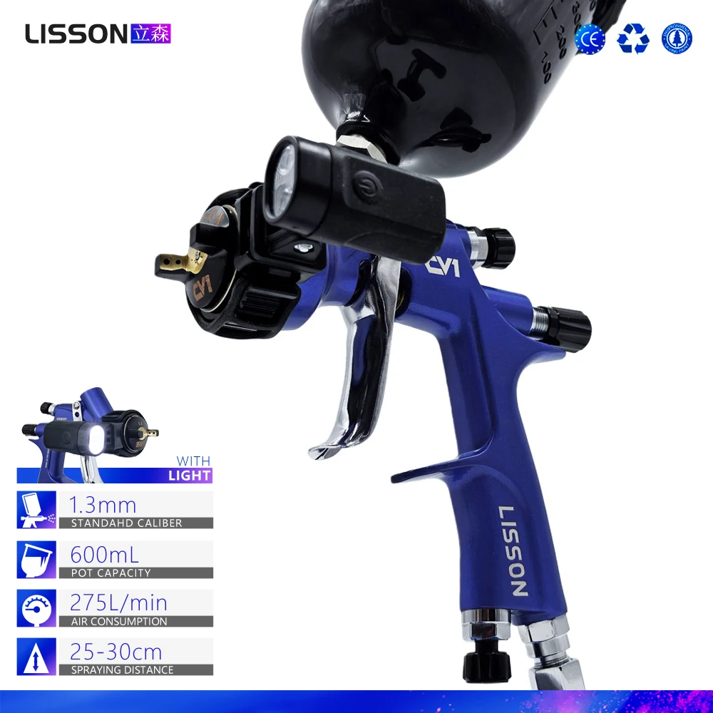 High-Efficiency 1.3mm Pneumatic Spray Gun with LED Light & Sleek Black Paint Cup – Built for Auto Repair & Precision Finishing