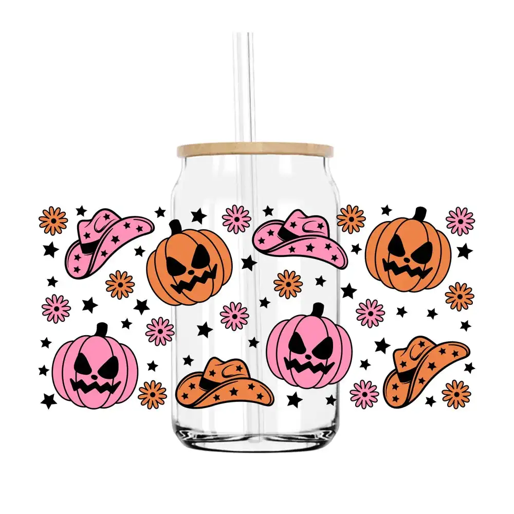

Howdy Pumpkin Halloween 16OZ UV DTF Cup Wrap Transfers Stickers Custom Labels DIY Durable Waterproof Logo For Libbey Glass Can