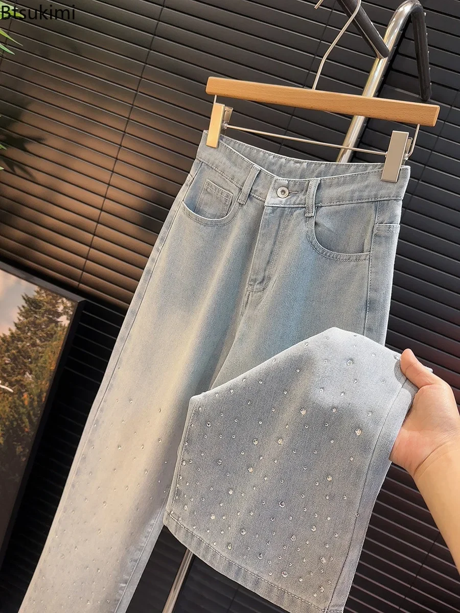 Nuevos pantalones vaqueros con diamantes para mujer de primavera, pantalones de pierna ancha informales holgados y brillantes a la moda, Vaqueros rectos de cintura alta para mujer 2025