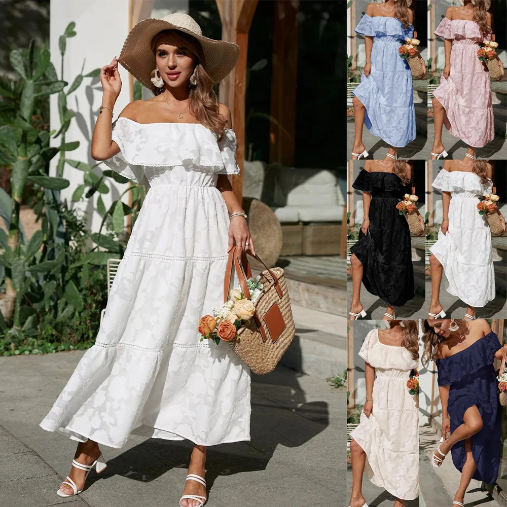 

2025 Summer Solid Boho Dress Women Fashion Elegant Beach Party Dress Casual Slash Neck Office Maxi Dresses For Woman Robe Femme