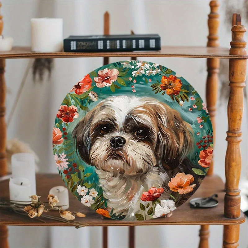 Aluminum Metal Sign Round Decorative Wreath, Wall Door Hanger, Waterproof HD Printed Art, Weather-Resistant Shih Tzu Dog