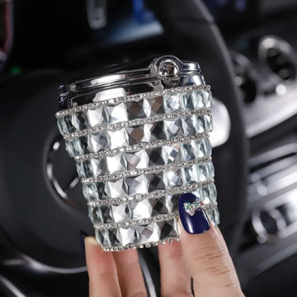 Bing Diamond Car Ashtray with LED Light Portable Ash Tray Cup Smokeless Auto Ashtray Flame Retardant Universal Car Accessories