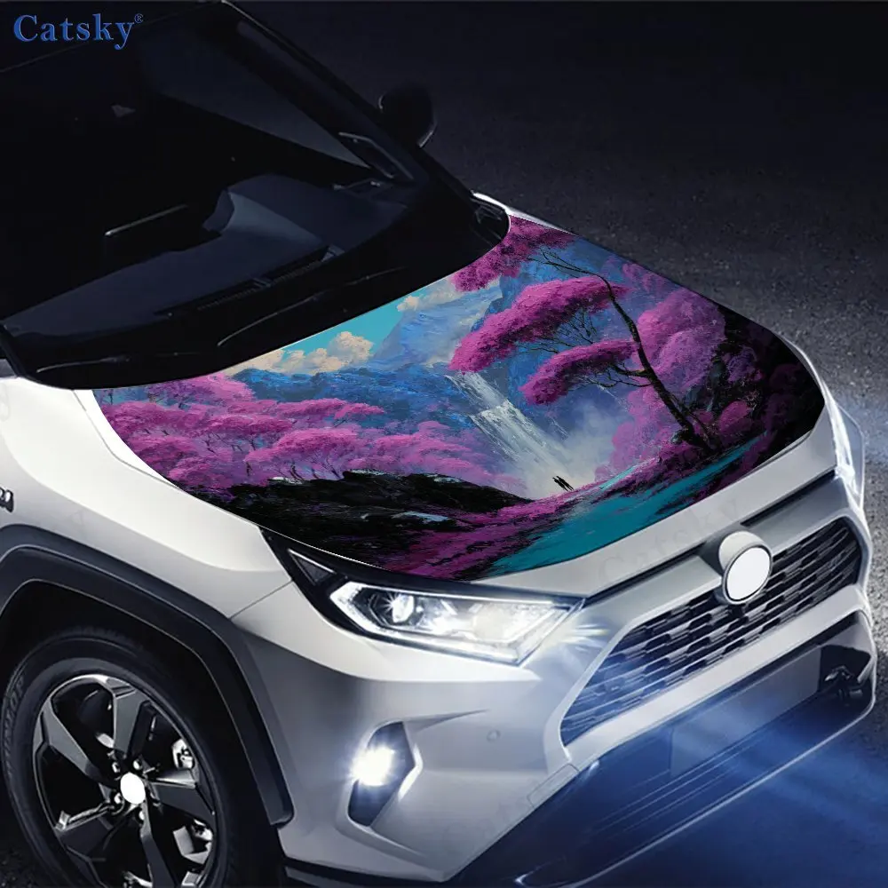 Aesthetic Pink - Purple Secret - Land Car Hood Sticker, Waterfall & Flower - Tree Romantic Body Decoration Sticker, waterproof s view 4