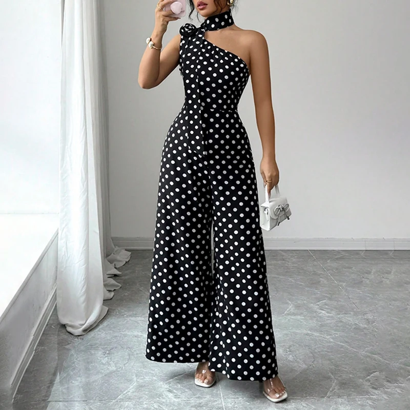 BKLD Retro Elegant Polka Dot Backless Romper For Women 3D Flower Splicing Sleeveless One-shoulder Contrasting Jumpsuits Clubwear