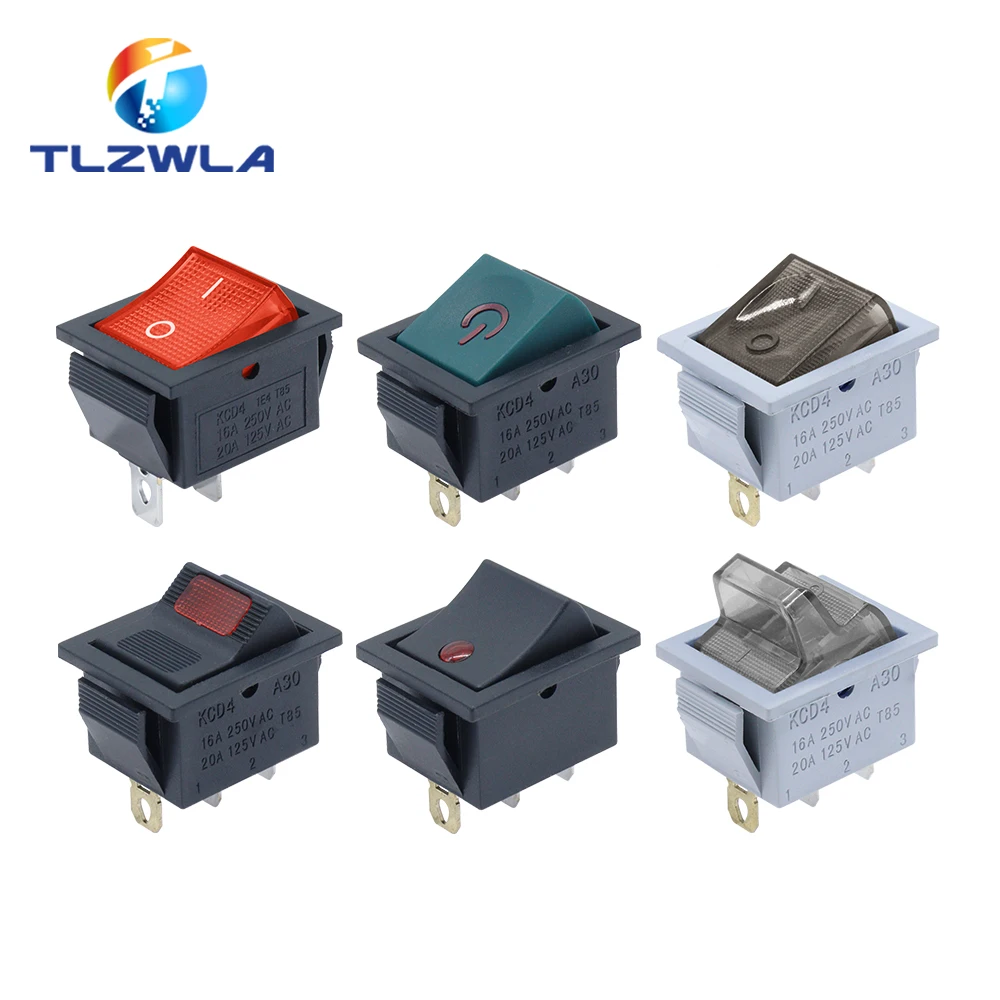 Latching Rocker Switch Power Switch I/O 3 Pins with Light 16A 250VAC 20A 125VAC KCD4 2/3position ﻿