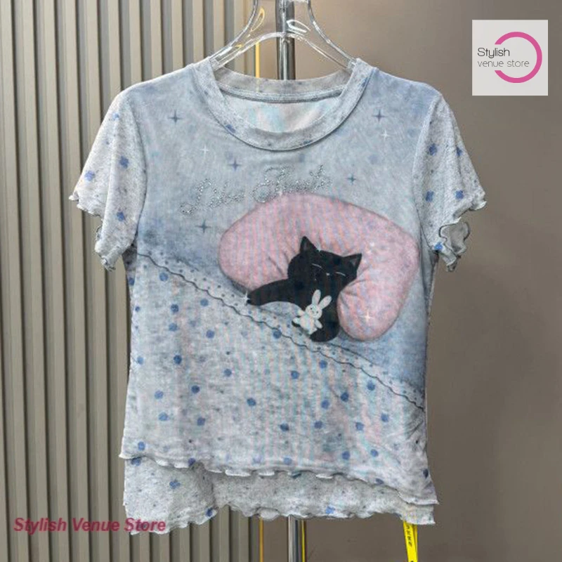 

American style fashion design sense rhinestone stitching printing short sleeve T-shirt women's summer new slim unique chic top.
