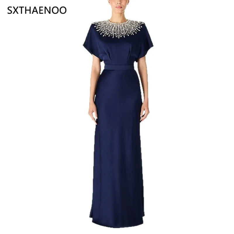 

SXTHAENOO Solid Slimming Spliced Bead Luxurious Dresses For Women Round Neck Short Sleeves Tunic Elegant Dress Female Fashion
