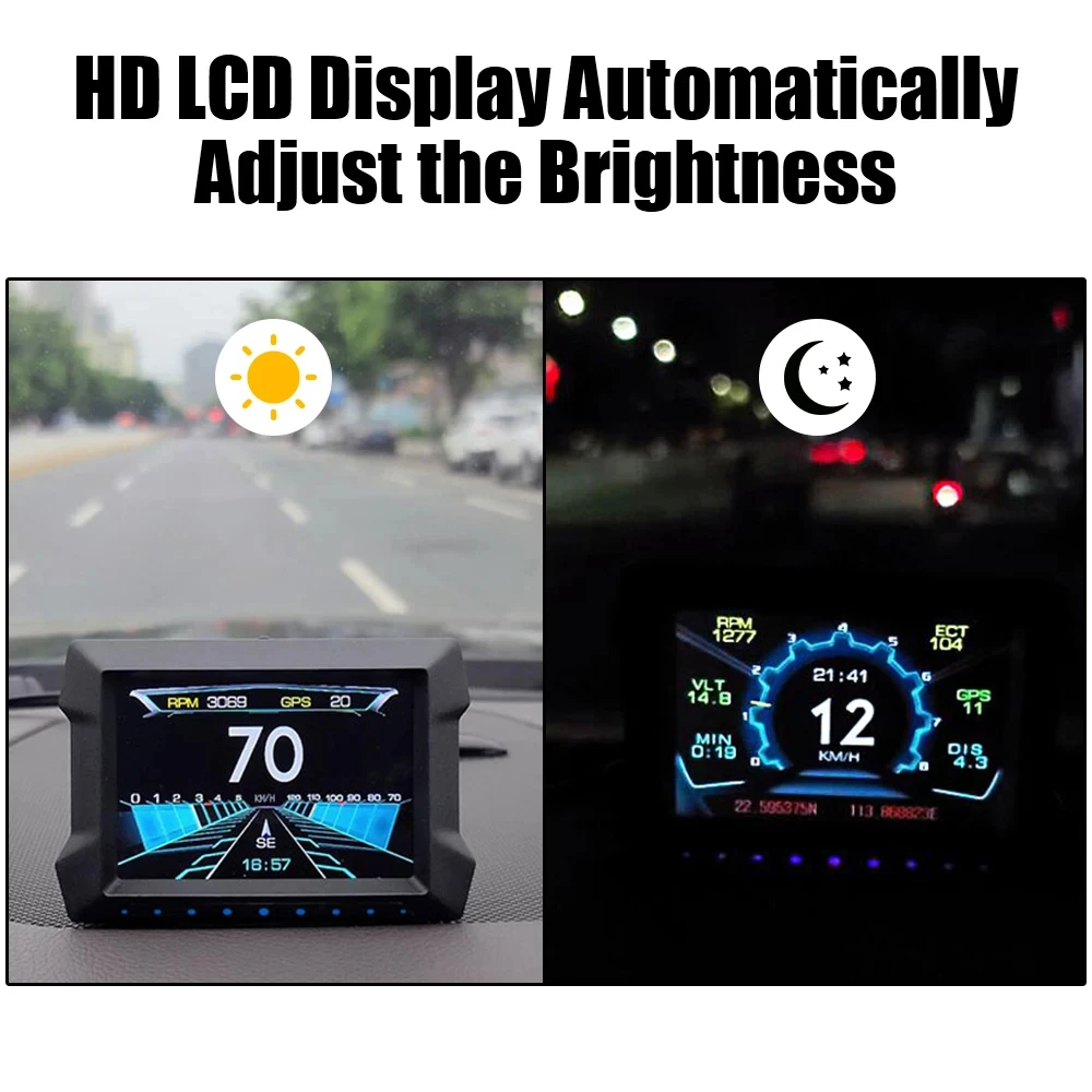 ​With Overspeed Low Voltage Alarm P22 Dual System HUD Slope Tilt Meter Car Electronics OBD2 GPS Head Up Display Speedometer