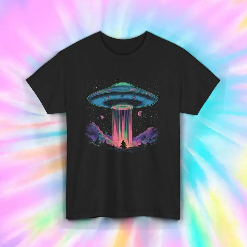 

Colorful UFO Abduction T Shirt Retro Alien Spaceship Sci Fi S 5XL