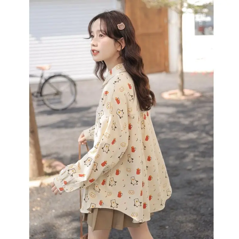 

Spring Casual Korean Fashion Loose Buttons Single Breasted Printing Long Sleeve Youth Lively Bright Easy Close to the People