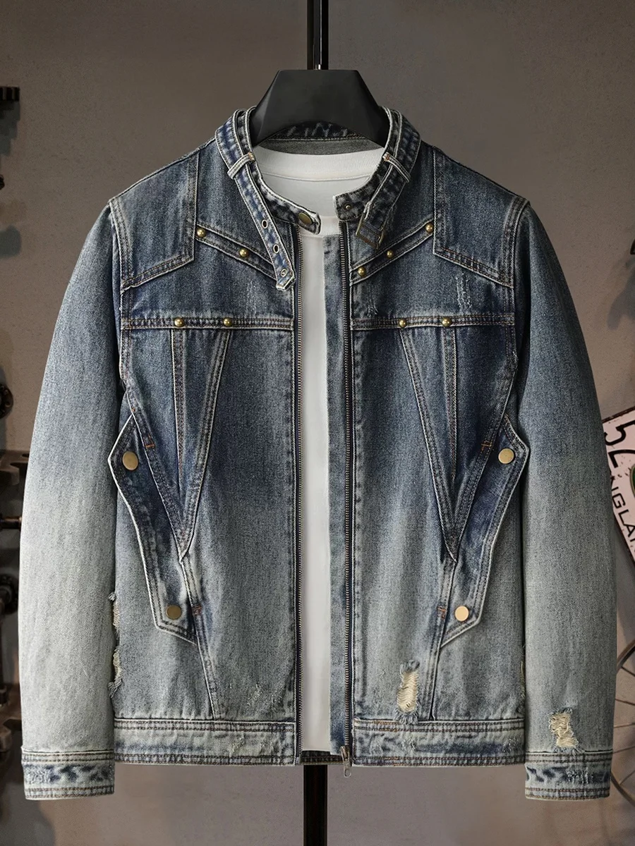 

Retro Punk Sle ort Motorcycle Jaet Men's Denim Jeans Jaet Stand Collar Zipper Closure Youth Faion Outdoor Wear