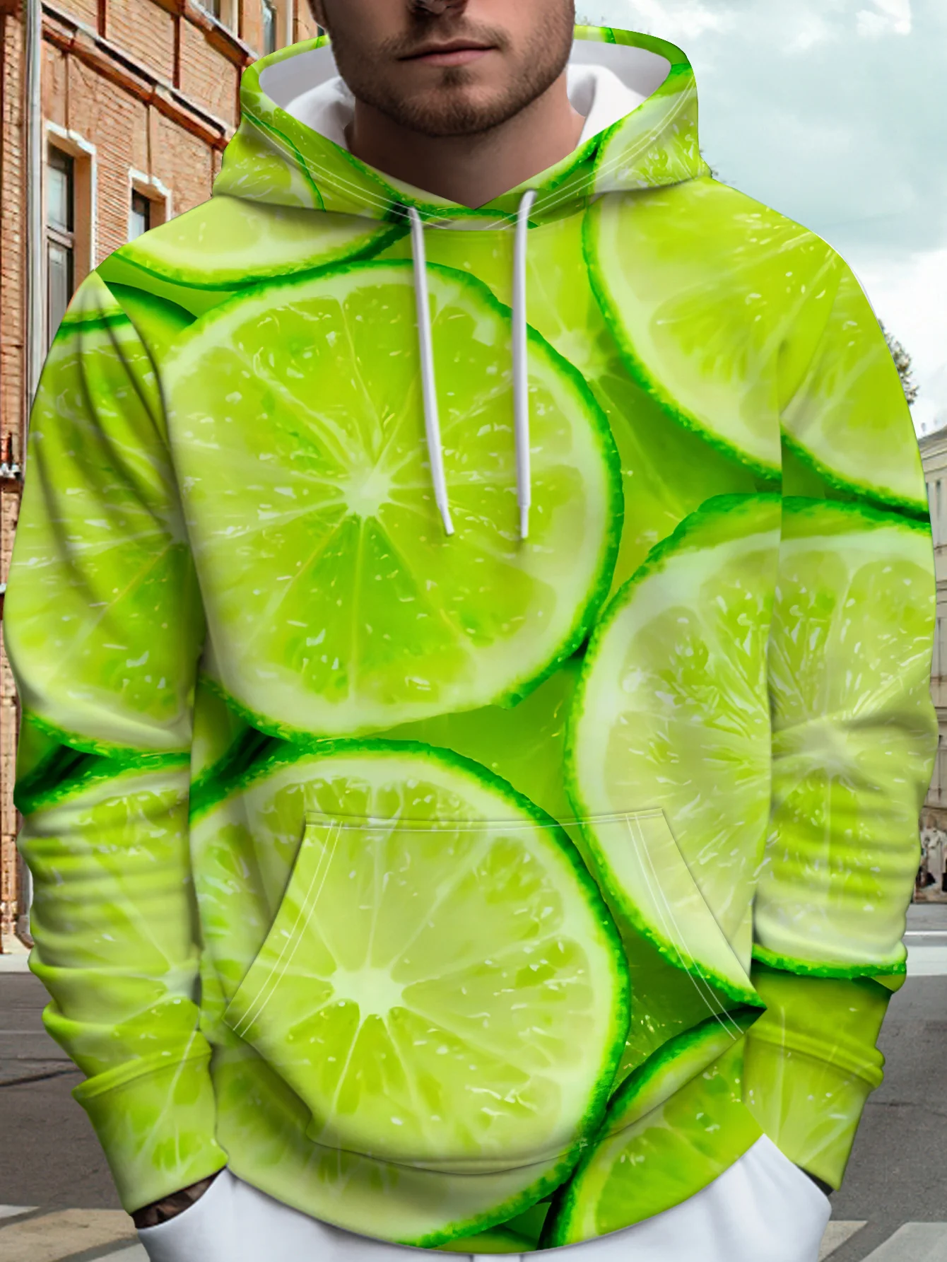 Men Fresh Lime Slice Full Print Hoodie Green Base Long Sleeve Casual Summer Pullover Sweatshirt