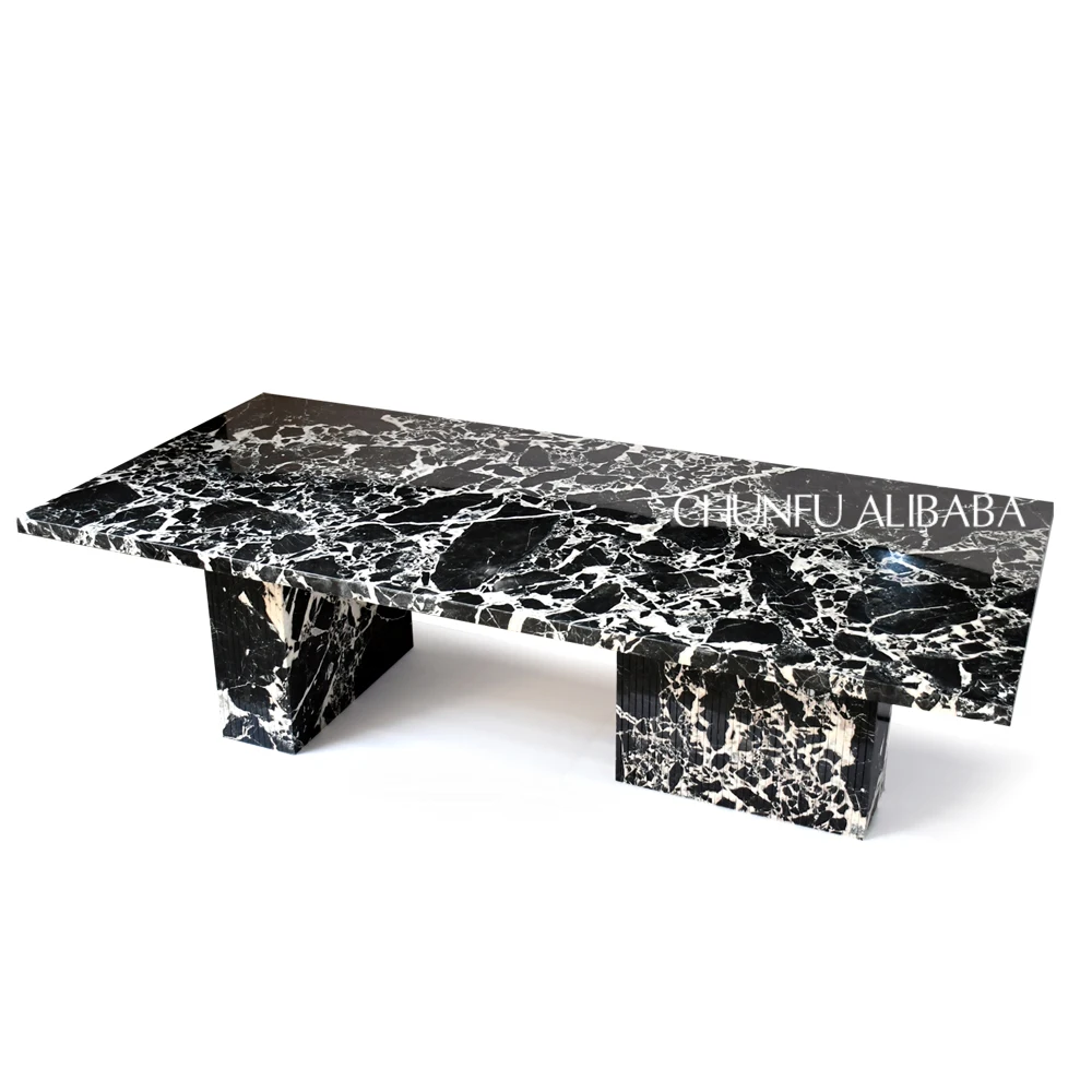 Natural Travertine Marble Plinth Dining Room Table Set Modern Extendable Convertible Dining Table for Hotel Villa Workshop Use