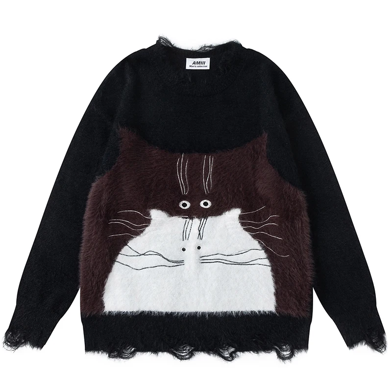الخريف غامض متماسكة سترة لطيف الكرتون القط نمط البلوز فضفاض دافئ فروي البلوز 2025 الشتاء ملابس تريكو غير رسمية القمم الملابس