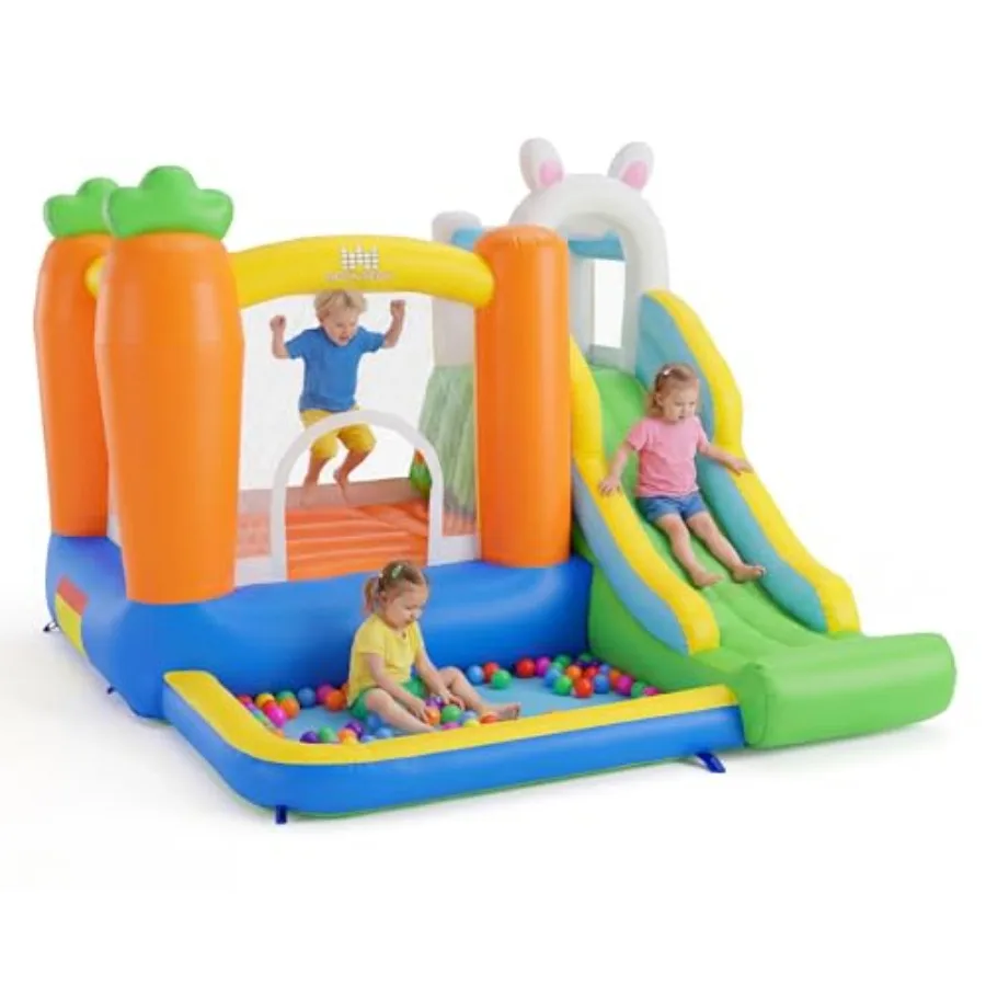 

Inflatable Bounce House for indoor/outdoor toddler backyard parties, PVC material, blue and pink, large jumping area with ball