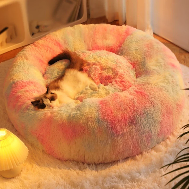 Rainbow Plush Cat Beds Thicken Fluffy Dog Mats Super Soft Cat House Large Size Winter Kitten Nest Warm Dog Sleep Pet Bed