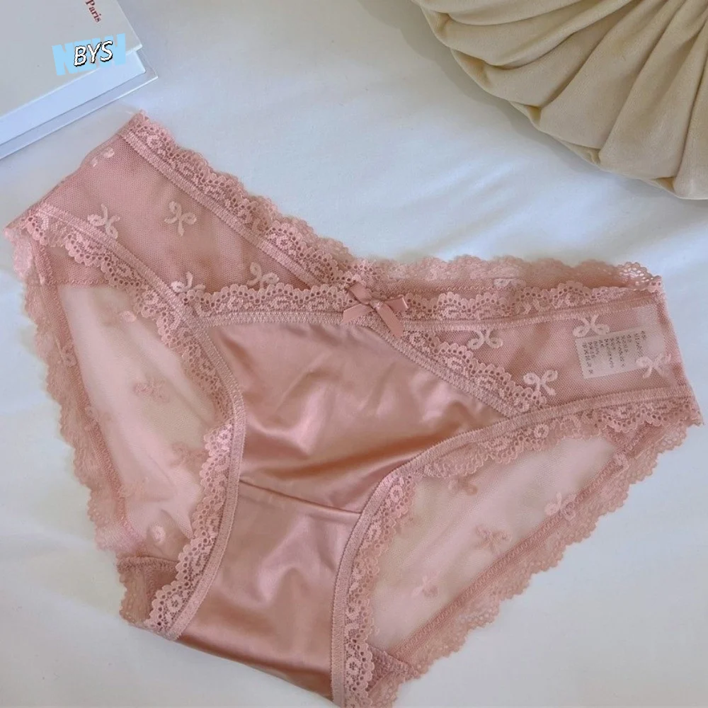 

Sweet Low Waist Lace Panties Mesh Satin Silk Lace Bow Briefs Lingerie Underwear for Women Summer