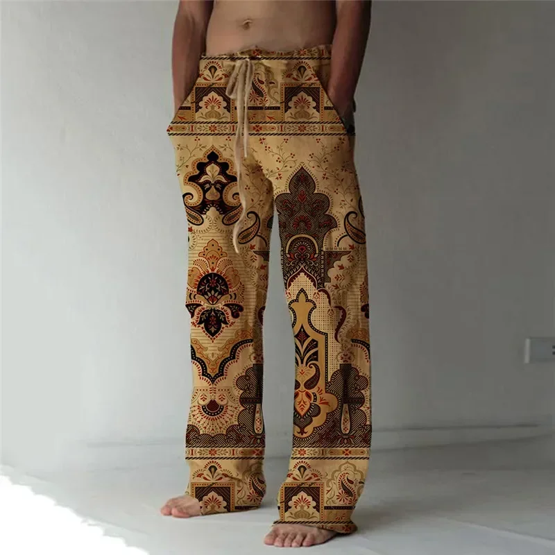 Summer retro men\'s casual wide-leg pants Retro ethnic pattern print fashion wide-leg pants Hawaiian loose beach pants casual