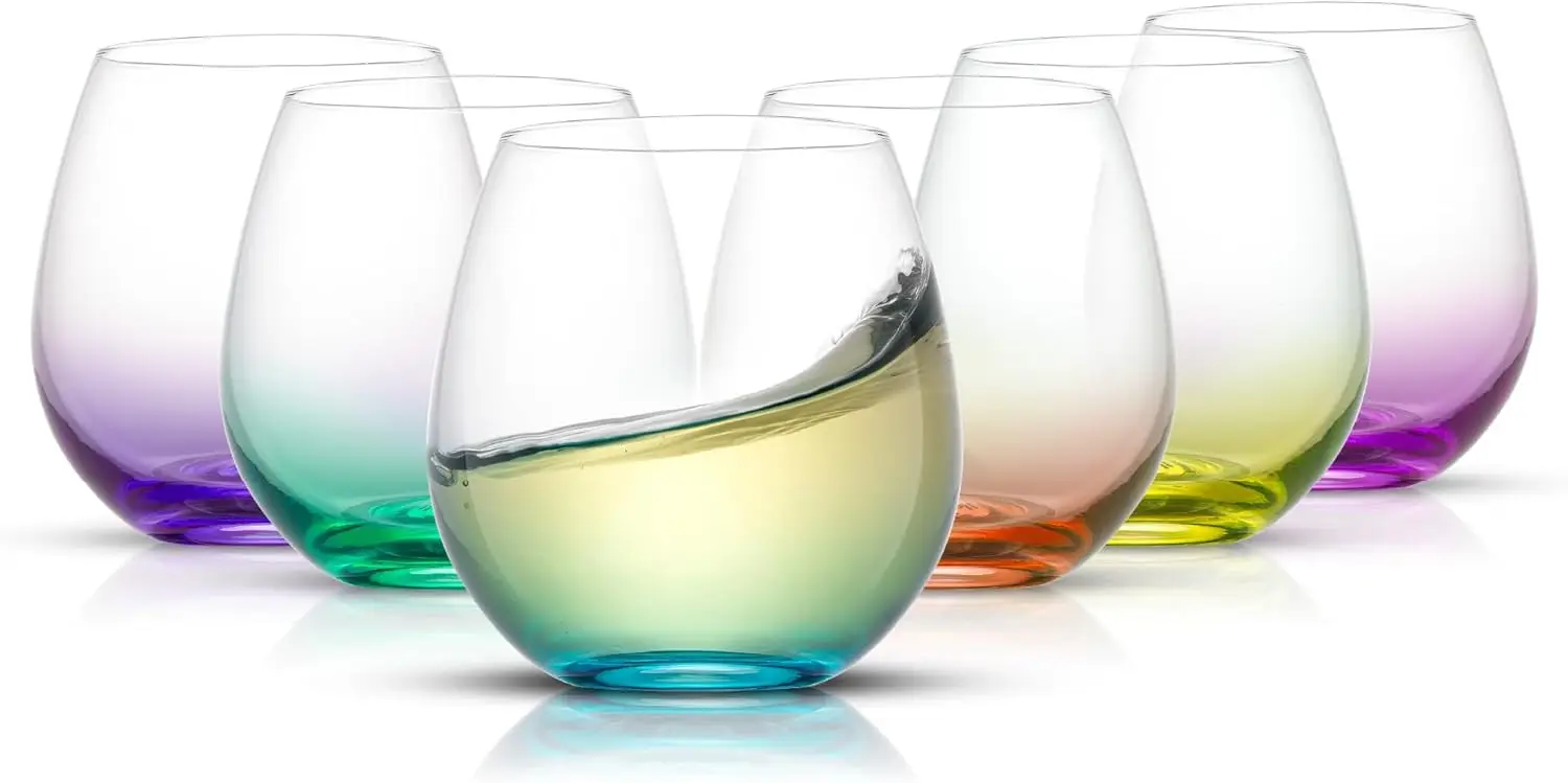 

Hue Stemless Wine Glass Set, Large 15 oz Stemless Wine Glasses Set of 6 for White Red or Water, Short Glass Tumblers, No