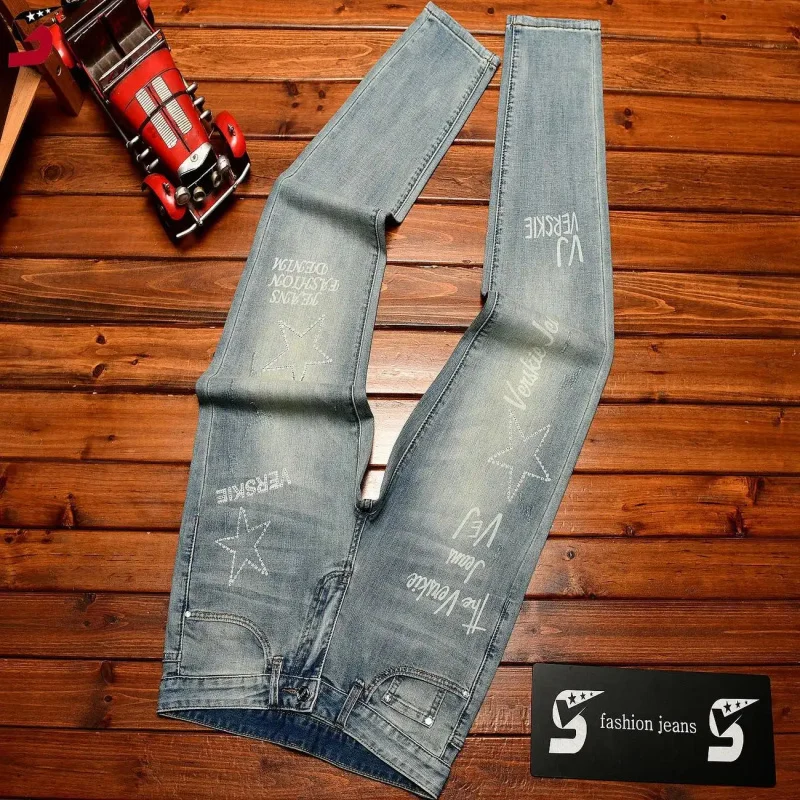 

2026 Summer Floral Korean Style Slim Fit Jeans For Men Skinny Leg Stretch Printed Fashion Vintage Streetwear Trendy Denim Trouse