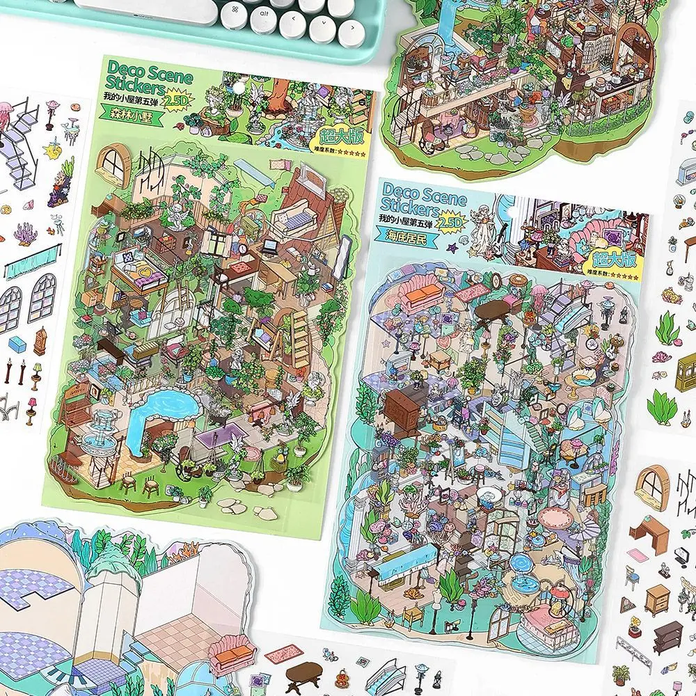 

Card Lover 4 Pcs [My Cottage Series] 3D Cartoon Creative Forest Ocean Theme Waterproof Landscape Sticker Book DIY Stationery