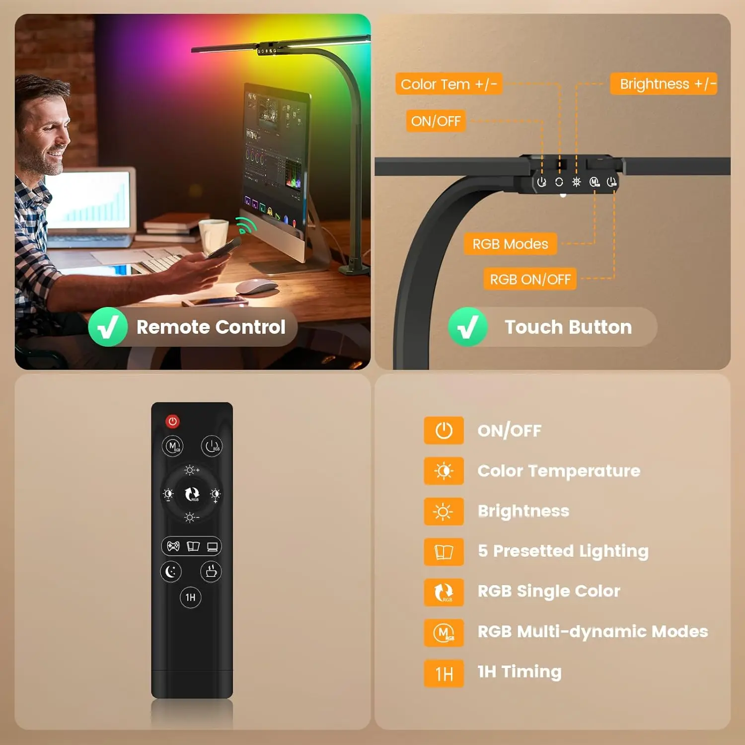 RGB Dual Head Desk Lamp with Remote, Dimmable Eye-Caring Light for Home Office & Gaming, 22W