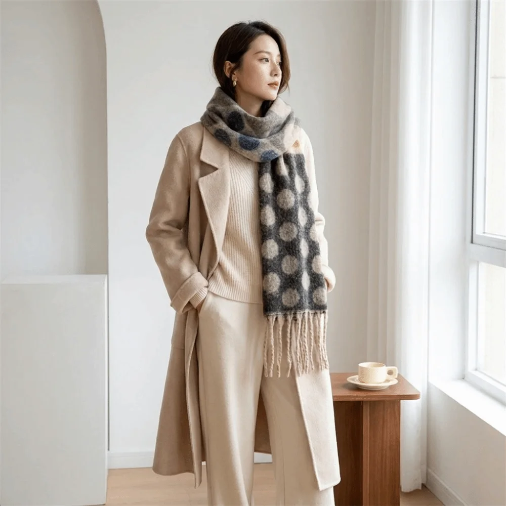 Luxury Feel Soft Faux Cashmere Scarf Thick Long Tassels Polka Dot Pattern Shawl Large Retro Style Blanket Scarf Casual