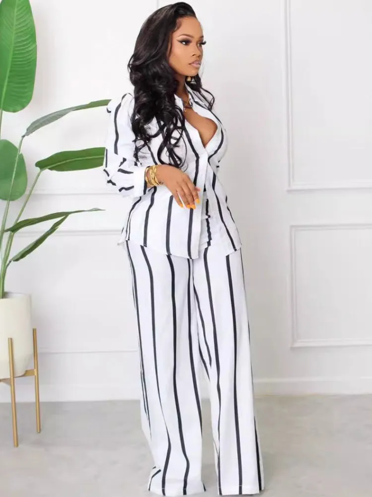 2 Piece Women Sets 2024 New Arrival Summer Autumn Matching Sets Stripe Two Pieces Sets Top And Pants Suits Outfits Clothing