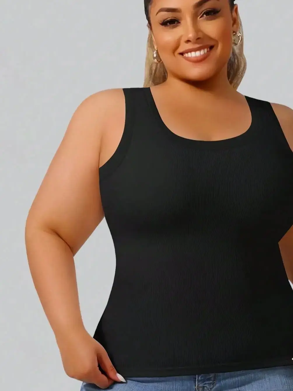 Übergröße Damen Hochelastisches Geripptes Crop Tank Top – Detail 1