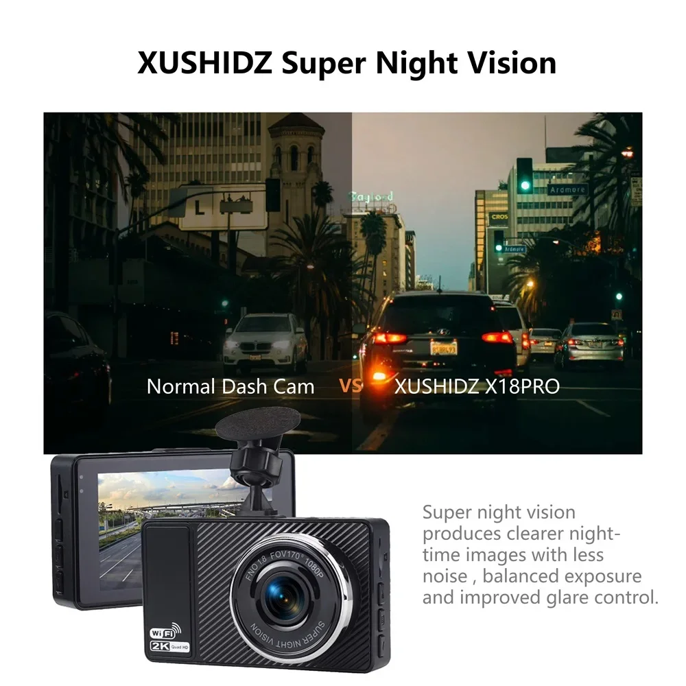 XUSHIDZ 2K WiFi داش كاميرا أمامية وخلفية كاميرا سيارة مسجل فيديو السيارة DVR للرؤية الليلية داشكام ثنائي القناة HDR