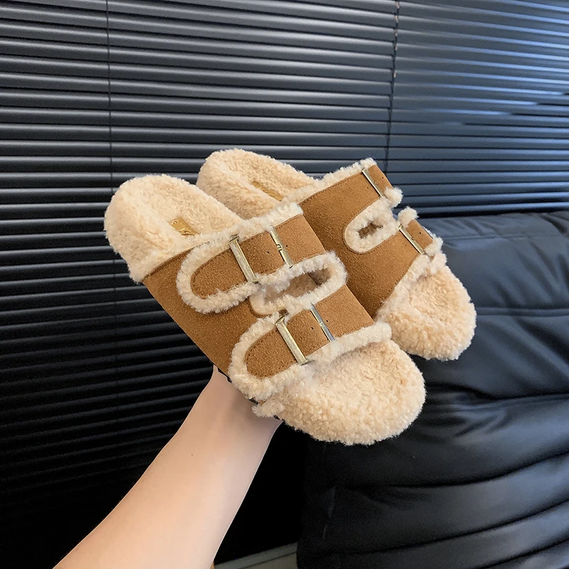 Women's Fashion Flat Woolen Shoes Autumn New Round Head Open Toe Belt Buckle Thick Bottom One Word with Cashmere Cotton Slippers